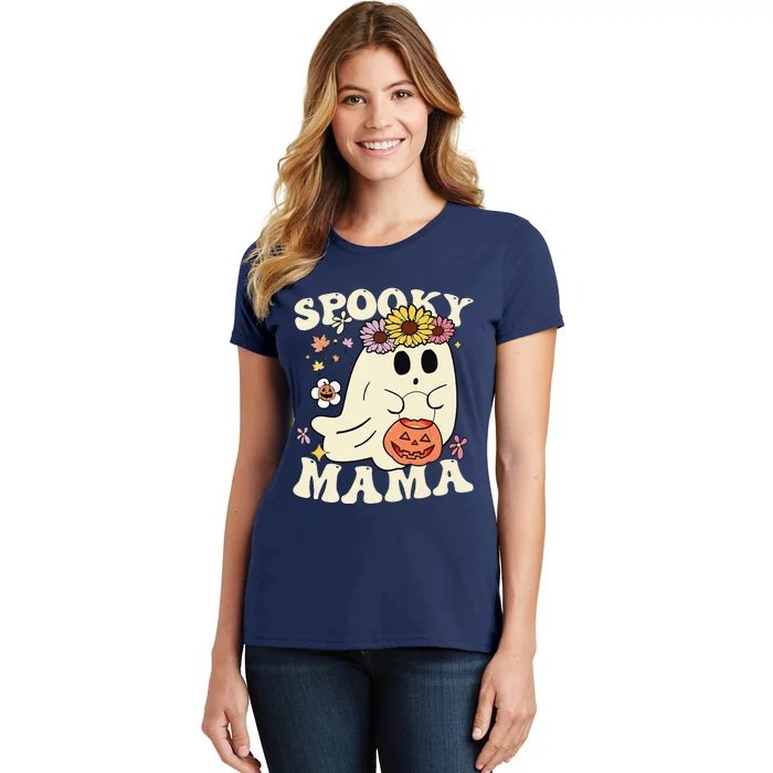 Groovy Spooky Mama Vibe Halloween Floral Ghost Spooky Season Women's T-Shirt