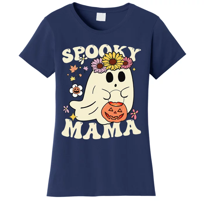 Groovy Spooky Mama Vibe Halloween Floral Ghost Spooky Season Women's T-Shirt