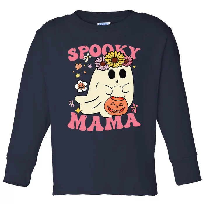 Groovy Spooky Mama Vibes Retro Halloween Ghost Spooky Season Toddler Long Sleeve Shirt