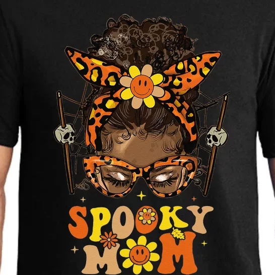 Groovy Spooky Mom Messy Bun Black Women Hippie Halloween Pajama Set