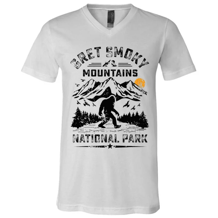 Great Smoky Mountains National Park Sunset Bigfoot Sasquatch V-Neck T-Shirt