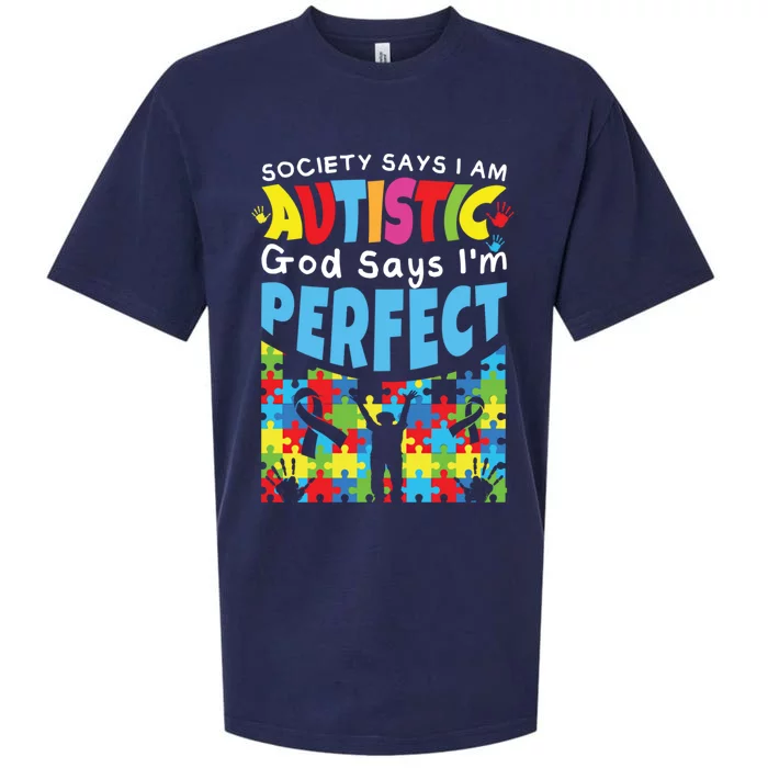 God Says Perfect Colorful Puzzle Autism Awareness Gift Sueded Cloud Jersey T-Shirt