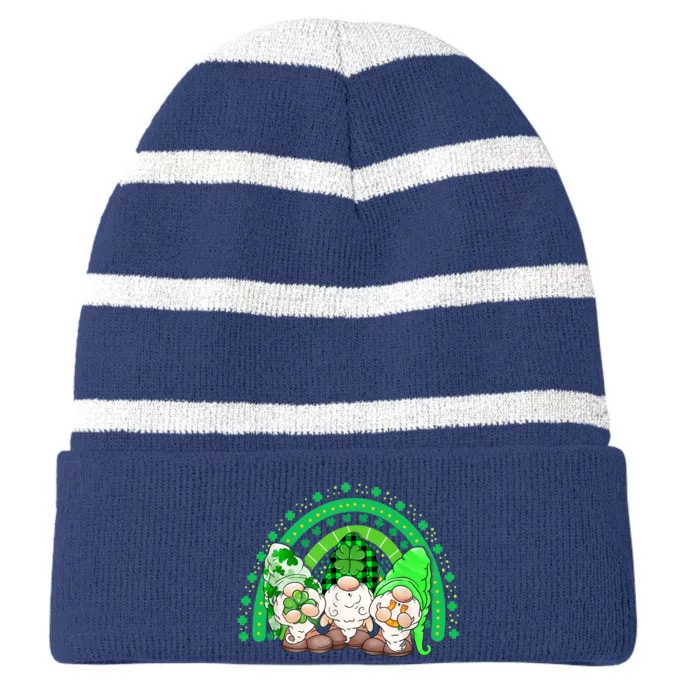 Gnome St Patricks Day Rainbow Shamrock Gnome Striped Beanie with Solid Band