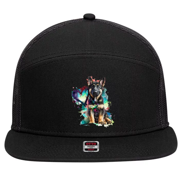 German Shepherd Puppy Mom Lover Watercolor Painting Heart 7 Panel Mesh Trucker Snapback Hat