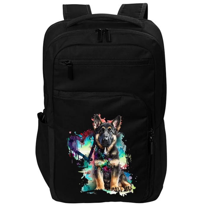 German Shepherd Puppy Mom Lover Watercolor Painting Heart Impact Tech Backpack