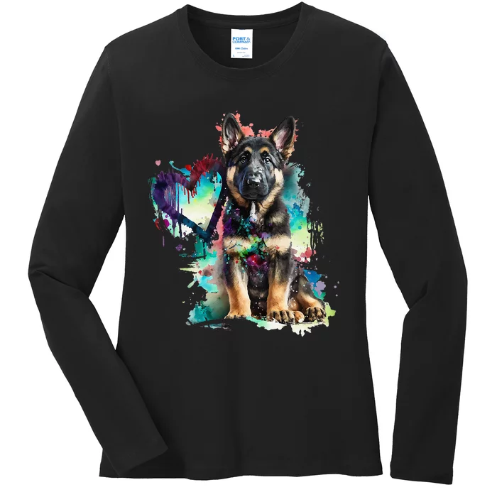 German Shepherd Puppy Mom Lover Watercolor Painting Heart Ladies Long Sleeve Shirt