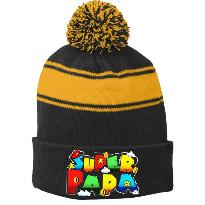 Gamer Super Papa Funny Father Day Gifts Gamer Gift For Papa Stripe Pom Pom Beanie