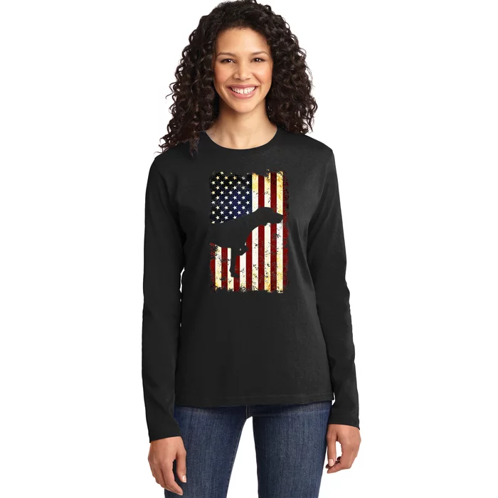 German Shorthaired Pointer Silhouette American Flag Ladies Long Sleeve Shirt