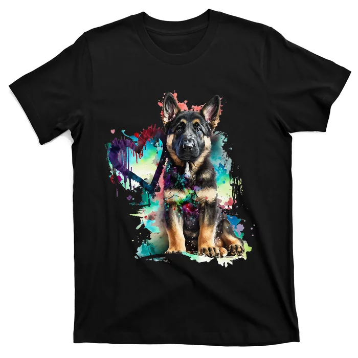 German Shepherd Puppy Mom Lover Watercolor Painting Heart T-Shirt