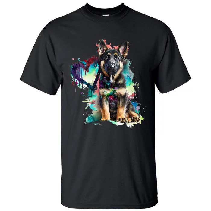 German Shepherd Puppy Mom Lover Watercolor Painting Heart Tall T-Shirt