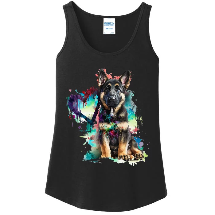 German Shepherd Puppy Mom Lover Watercolor Painting Heart Ladies Essential Tank