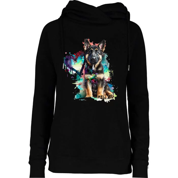 German Shepherd Puppy Mom Lover Watercolor Painting Heart Womens Funnel Neck Pullover Hood