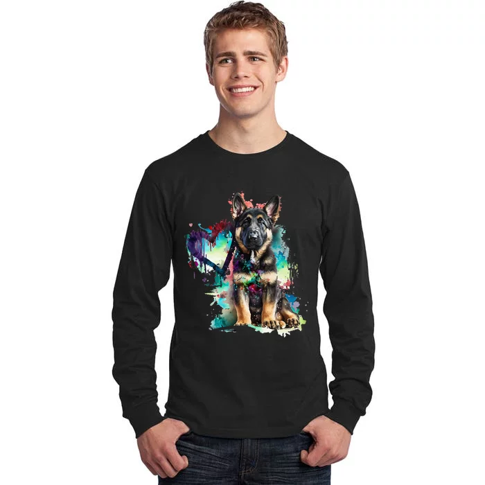 German Shepherd Puppy Mom Lover Watercolor Painting Heart Tall Long Sleeve T-Shirt