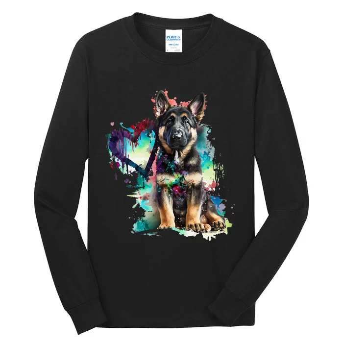 German Shepherd Puppy Mom Lover Watercolor Painting Heart Tall Long Sleeve T-Shirt