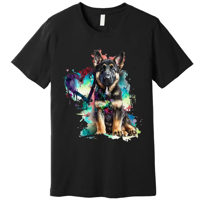 German Shepherd Puppy Mom Lover Watercolor Painting Heart Premium T-Shirt