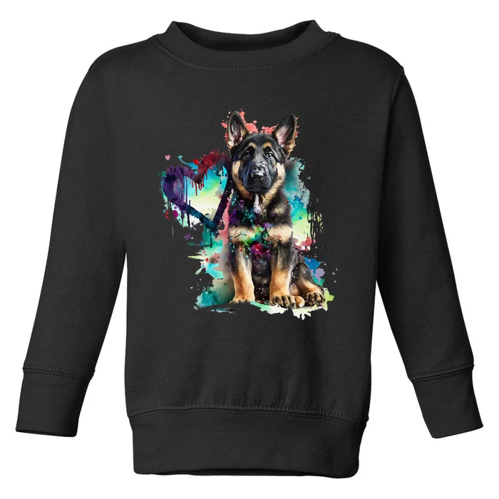 German Shepherd Puppy Mom Lover Watercolor Painting Heart Toddler Sweatshirt