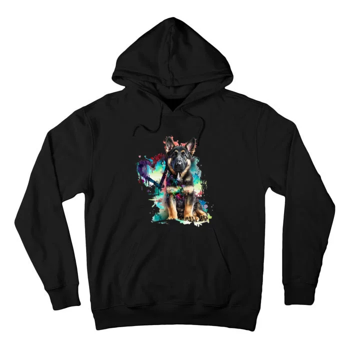 German Shepherd Puppy Mom Lover Watercolor Painting Heart Tall Hoodie