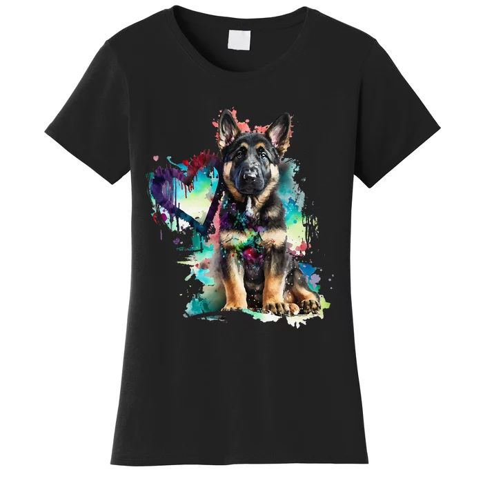 German Shepherd Puppy Mom Lover Watercolor Painting Heart Women's T-Shirt