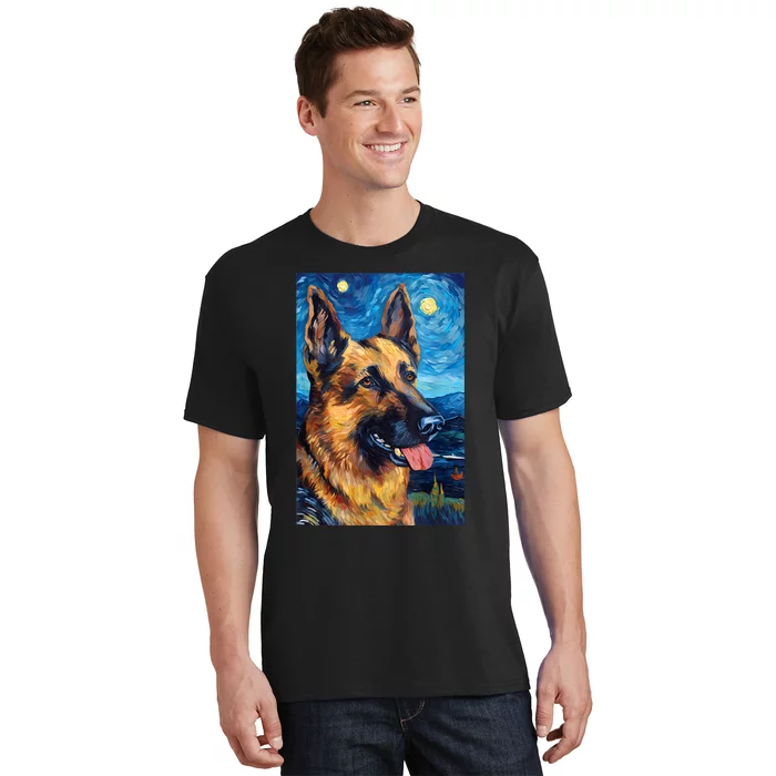 German Shepherd Painting Art Starry Night Sky Dog Van Gogh T-Shirt