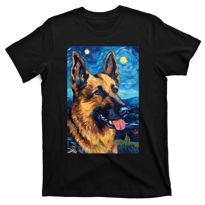 German Shepherd Painting Art Starry Night Sky Dog Van Gogh T-Shirt