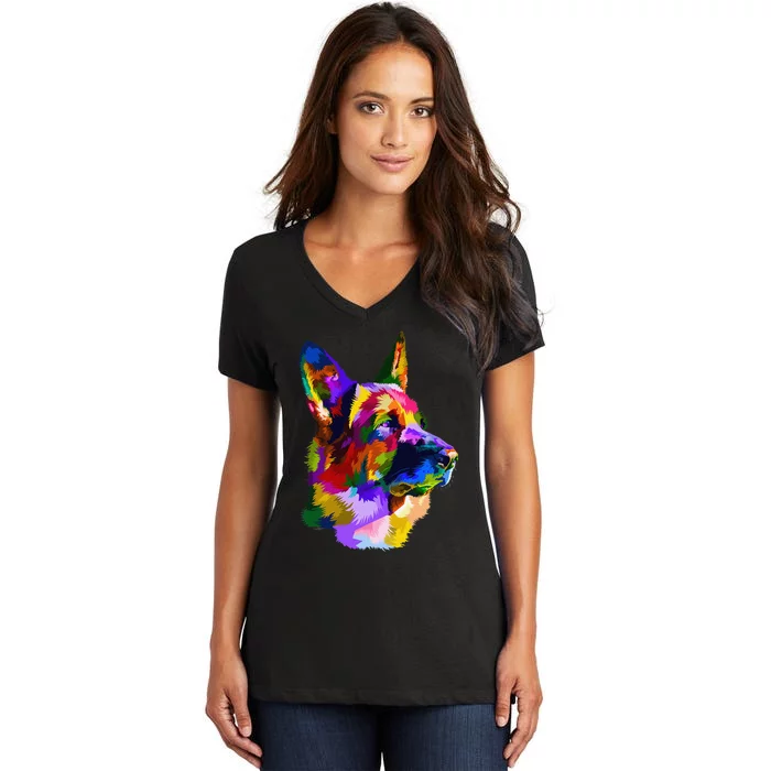 German Shepherd Pop Art Portrait for Dog Owners Women's V-Neck T-Shirt