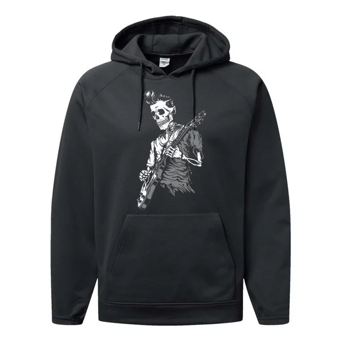 Graphic Skull Playing Guitar Hipster Guy Skeleton Guitarist Performance Fleece Hoodie