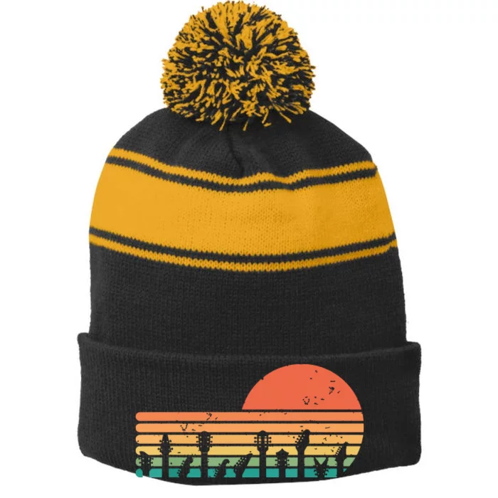 Guitars Sunset Retro Style Vintage Guitarist Stripe Pom Pom Beanie