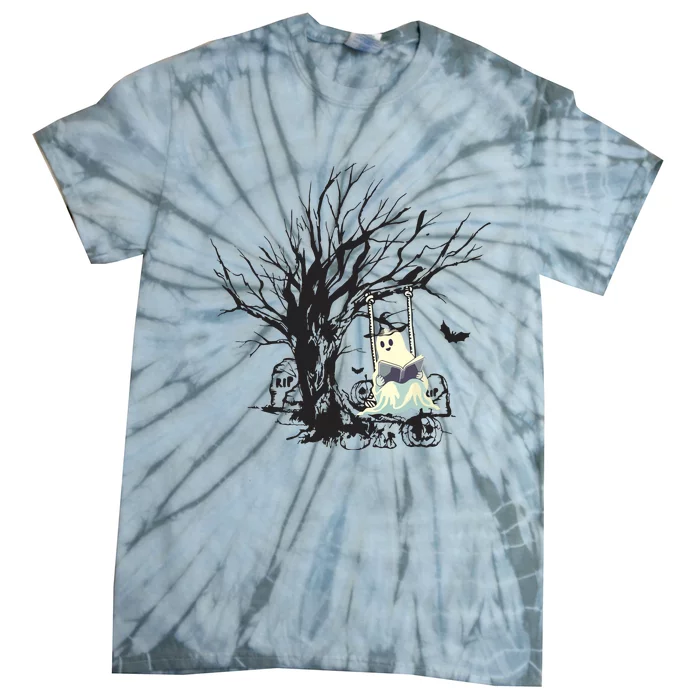 Ghost Swinging Reading Book Halloween Ghost Costume Tie-Dye T-Shirt