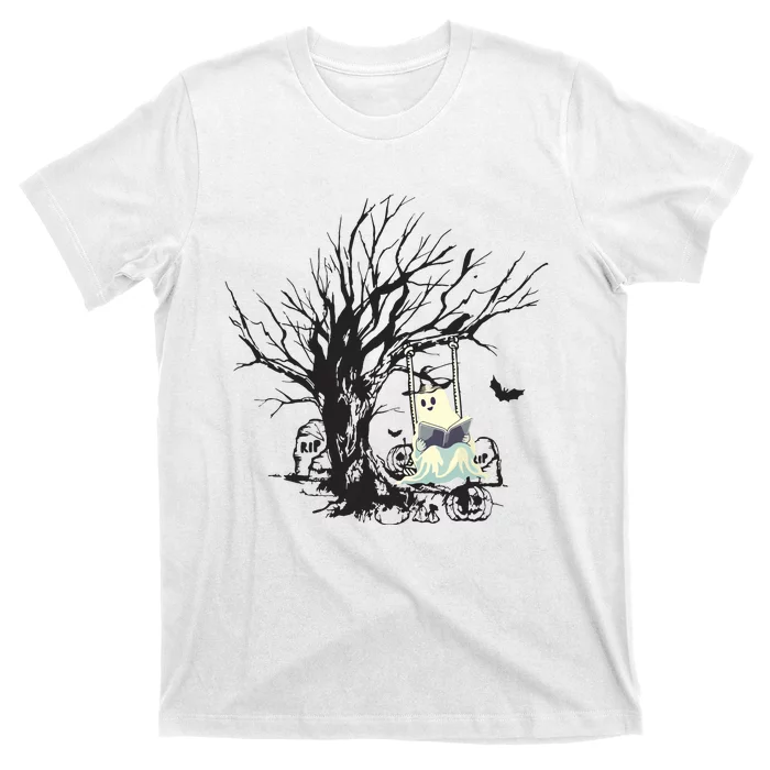 Ghost Swinging Reading Book Halloween Ghost Costume T-Shirt