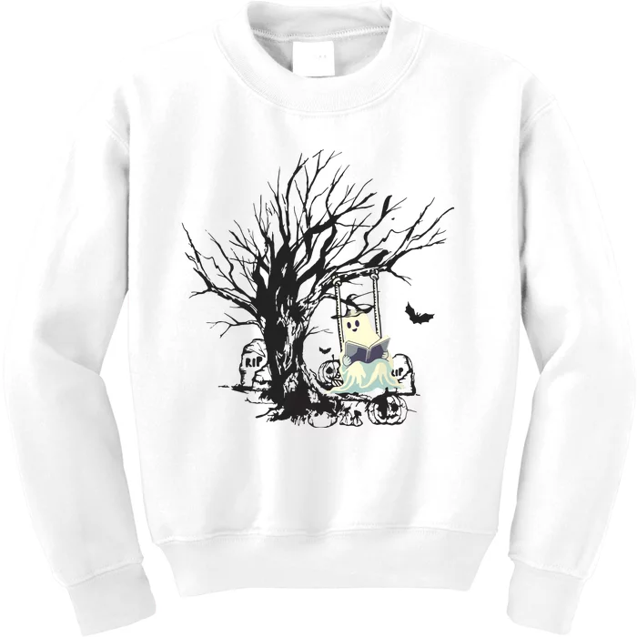 Ghost Swinging Reading Book Halloween Ghost Costume Kids Sweatshirt