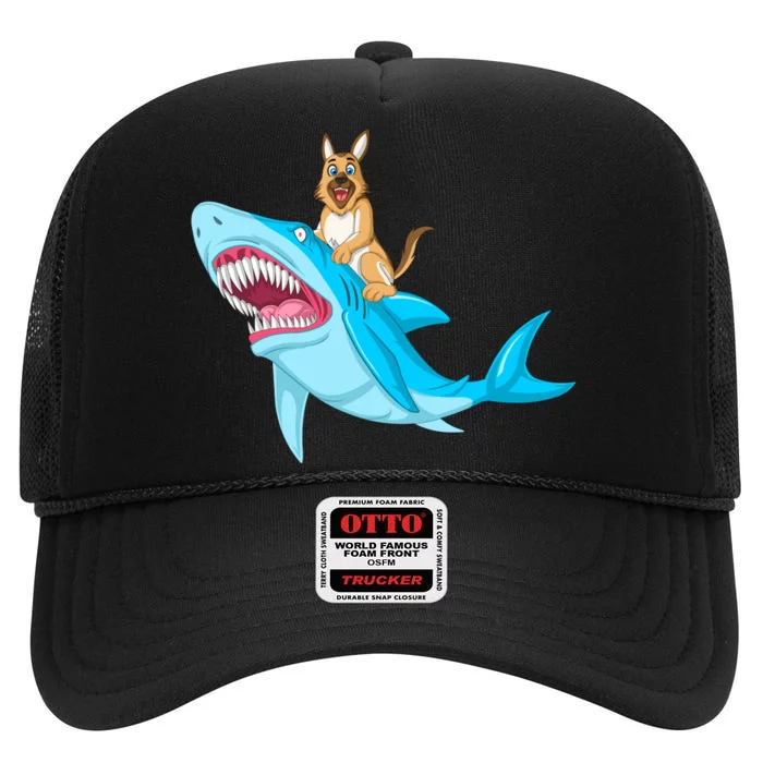 German Shepherd Riding Shark High Crown Mesh Trucker Hat