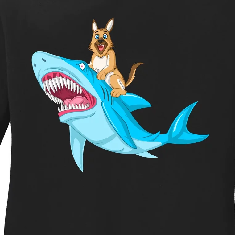 German Shepherd Riding Shark Ladies Long Sleeve Shirt