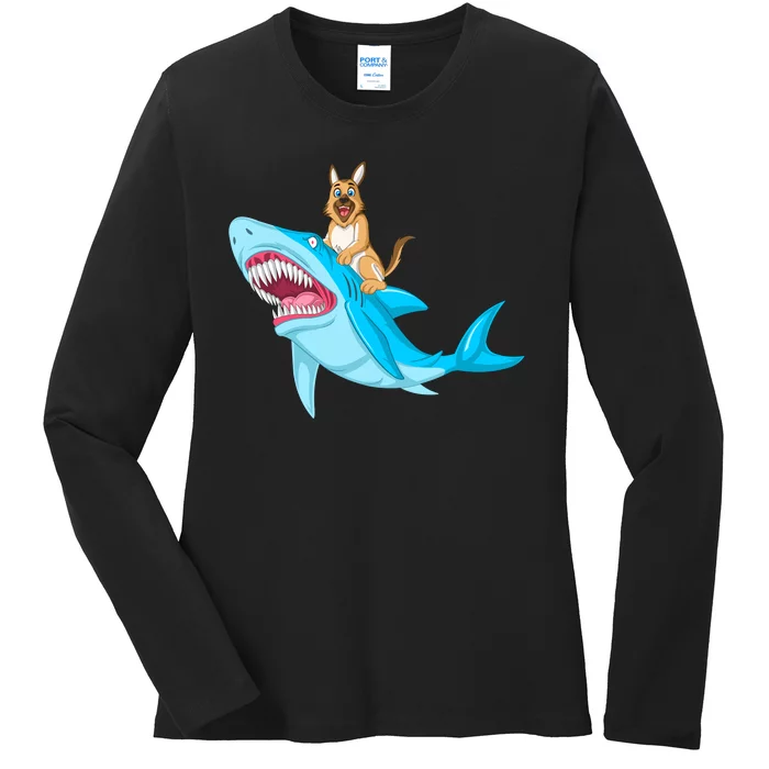 German Shepherd Riding Shark Ladies Long Sleeve Shirt