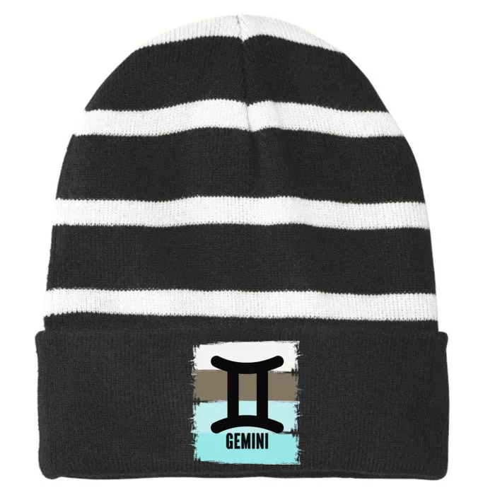 Gemini SYmbol Retro Vintage Distressed Cool Zodiac Sign Striped Beanie with Solid Band