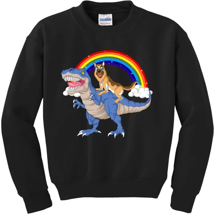 German Shepherd Riding Dinosaur Kids Sweatshirt