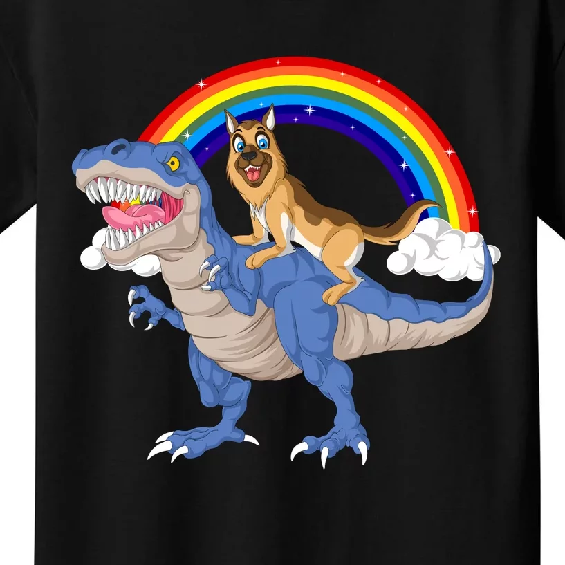 German Shepherd Riding Dinosaur Kids T-Shirt