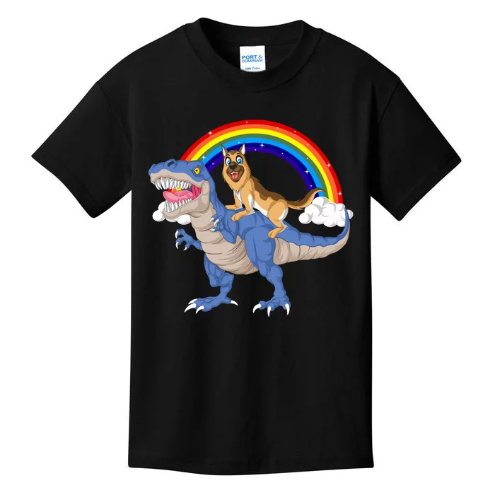 German Shepherd Riding Dinosaur Kids T-Shirt