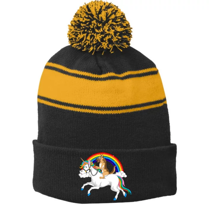 German Shepherd Riding Unicorn Stripe Pom Pom Beanie