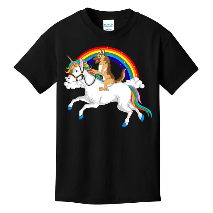 German Shepherd Riding Unicorn Kids T-Shirt