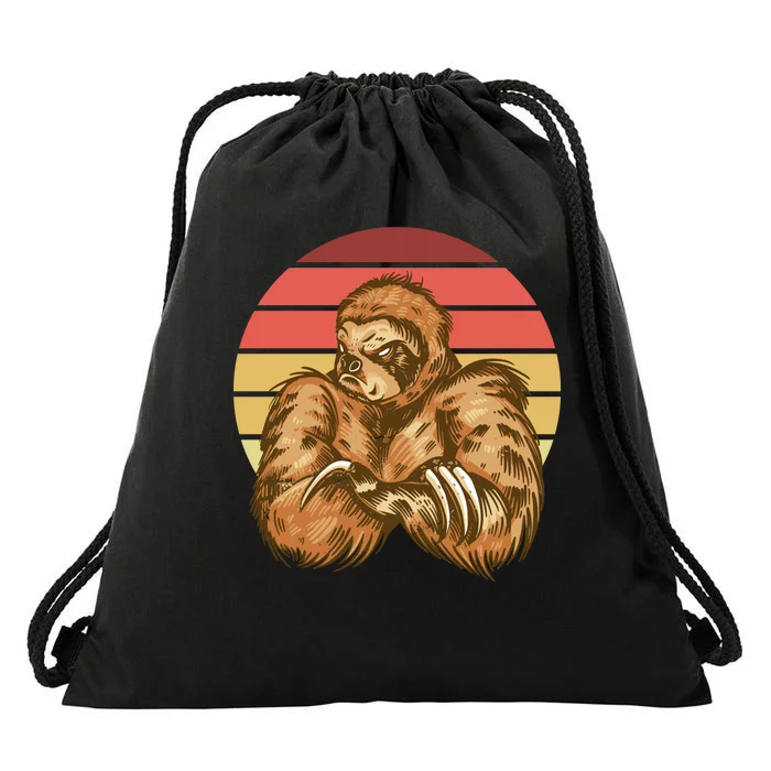 Grumpy Sloth Retro Sunset Drawstring Bag