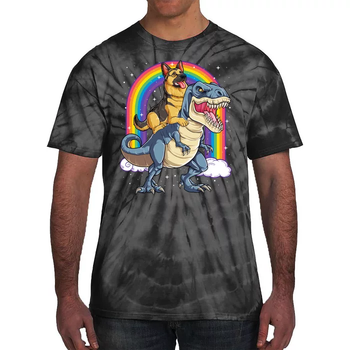 German Shepherd Riding Dinosaur T Rex Tie-Dye T-Shirt