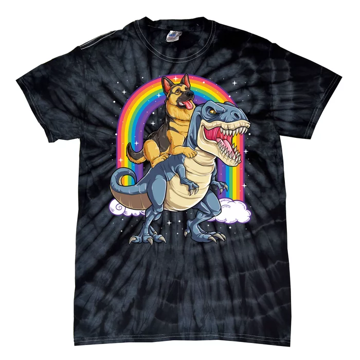 German Shepherd Riding Dinosaur T Rex Tie-Dye T-Shirt