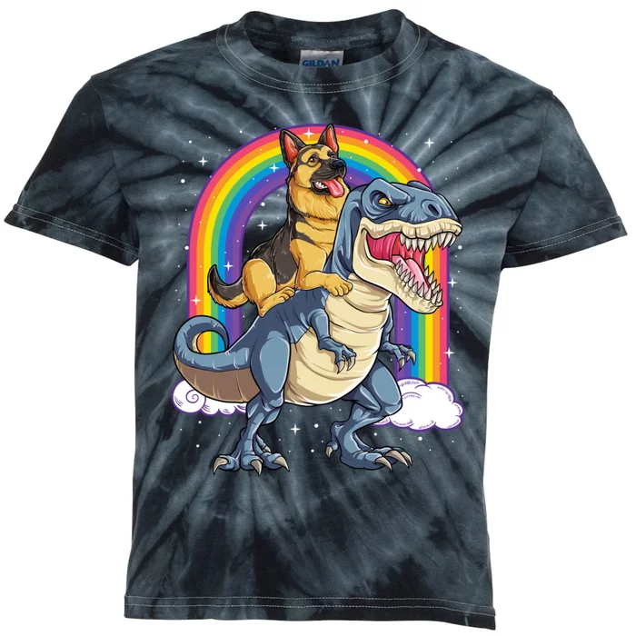 German Shepherd Riding Dinosaur T Rex Kids Tie-Dye T-Shirt