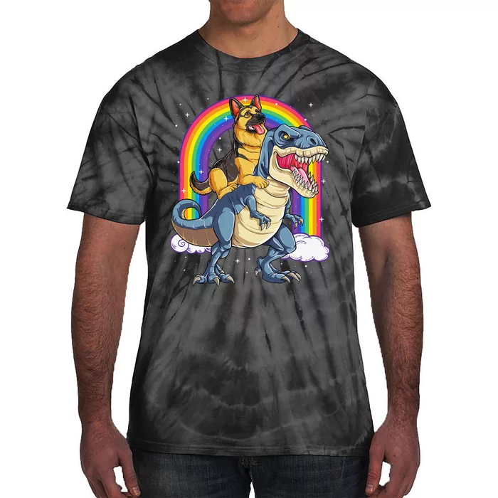 German Shepherd Riding Dinosaur T rex Gift Rainbow Tie-Dye T-Shirt