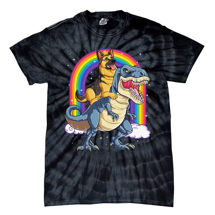 German Shepherd Riding Dinosaur T rex Gift Rainbow Tie-Dye T-Shirt