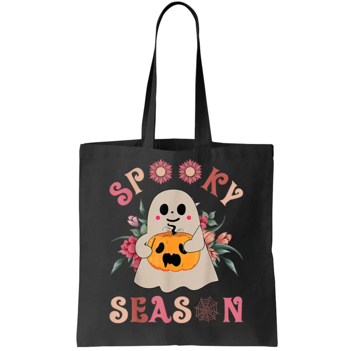 Groovy Spooky Season Cute Ghost Holding Pumpkin Halloween Tote Bag