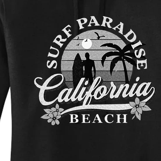 Grey Scale Surfing Design Surf Paradise At California Beach Women's Pullover Hoodie