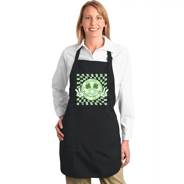 Groovy Shamrock Smile Face St Patricks Day Full-Length Apron With Pocket