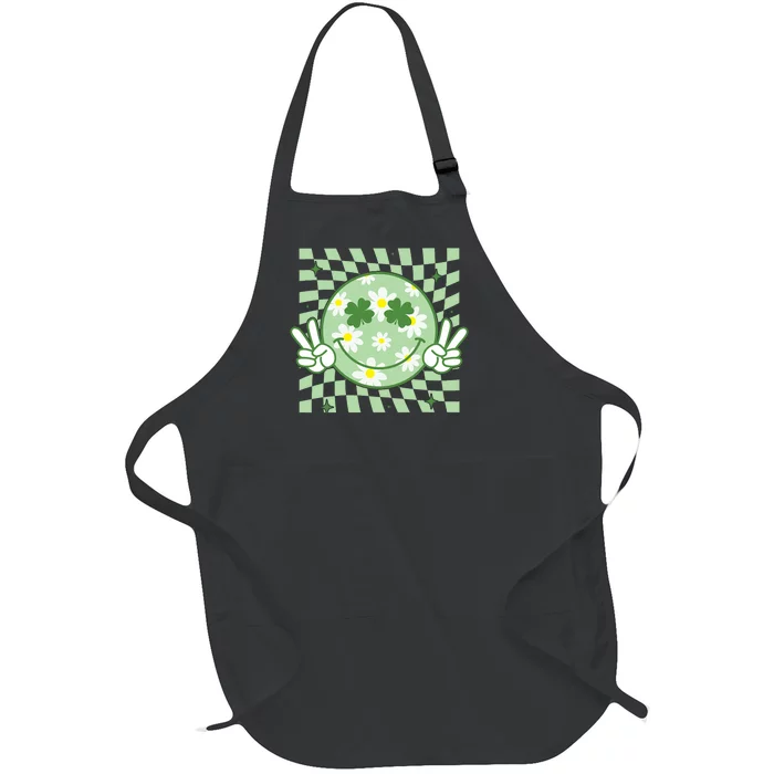 Groovy Shamrock Smile Face St Patricks Day Full-Length Apron With Pocket