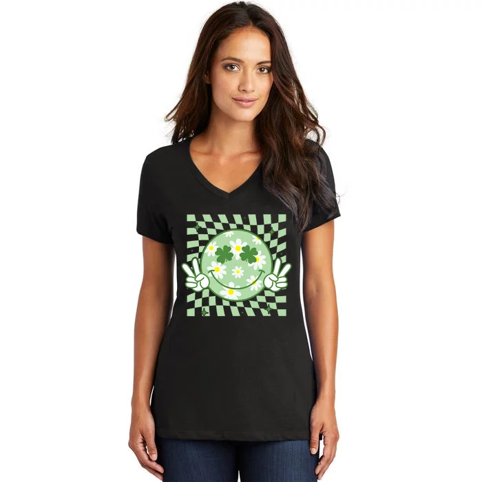 Groovy Shamrock Smile Face St Patricks Day Women's V-Neck T-Shirt